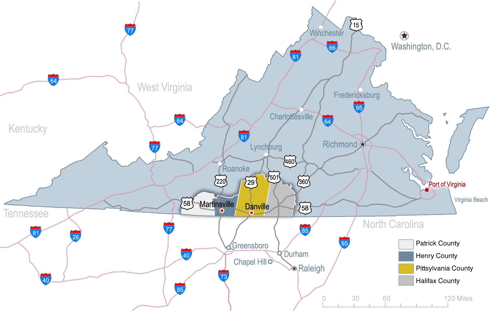Southern Virginia major highways and interstates